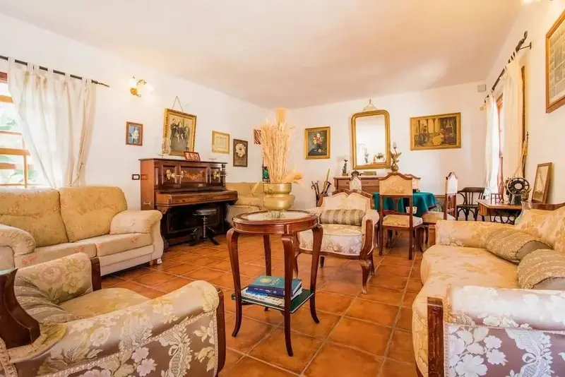 Un salon chaleureux avec des meubles anciens et des rideaux clairs.