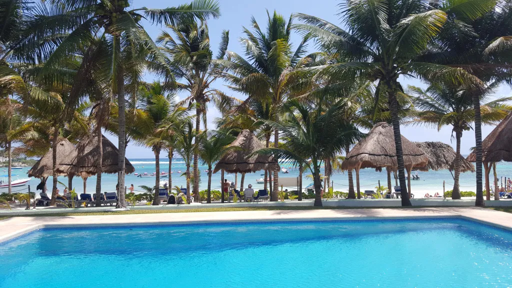 Une piscine turquoise bordée de palmiers et de parasols de plage.