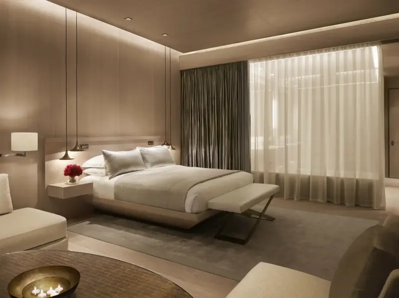 Une chambre lumineuse avec un grand lit et un éclairage tamisé.