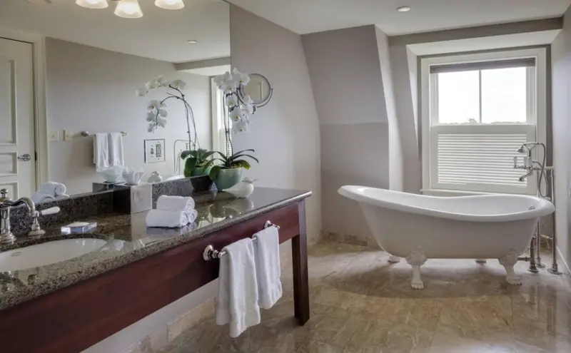 Une salle de bain lumineuse avec une baignoire sur pieds et un grand miroir.