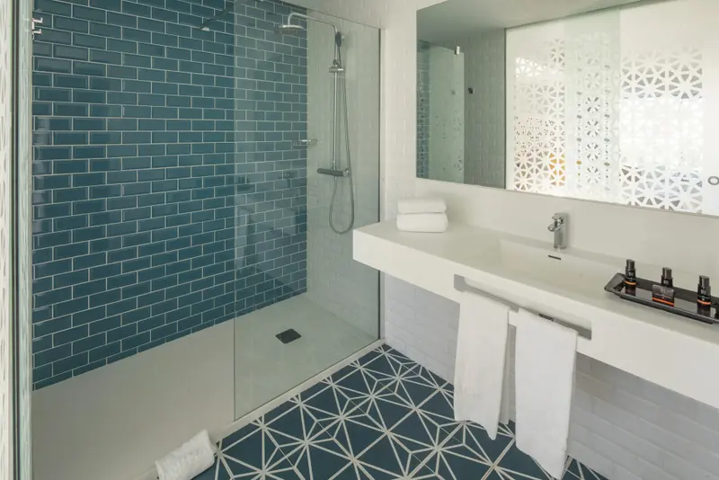 Une salle de bain moderne avec douche à l'italienne et carrelage décoratif.