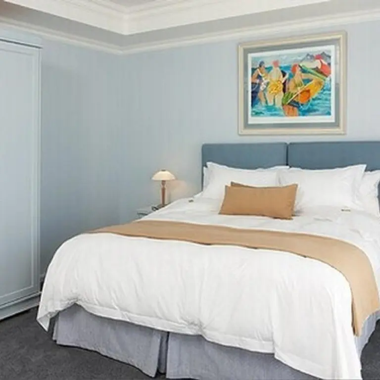 Une chambre lumineuse avec un grand lit recouvert d'une couette blanche et de coussins.