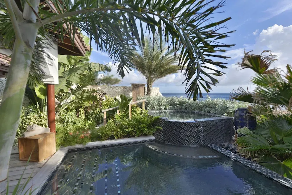 Une piscine rectangulaire entourée de végétation luxuriante offre un espace de détente en bord de mer.