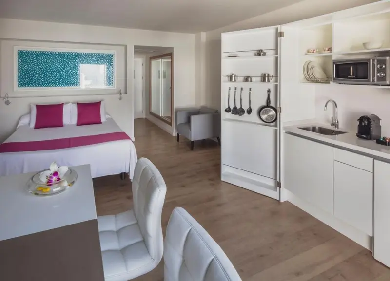 Une chambre lumineuse avec un espace repas et une kitchenette équipée.