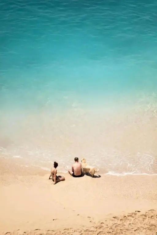 Trois personnes sont assises sur une plage de sable fin, face à la mer turquoise.