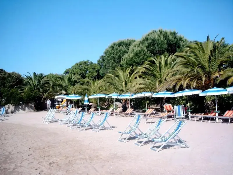 Transats bleus alignés sur une plage de sable fin sous des parasols.