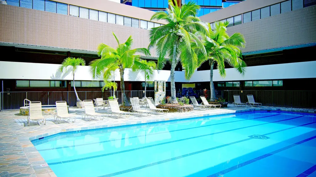 Une piscine rectangulaire entourée de transats et de palmiers sous un ciel bleu.