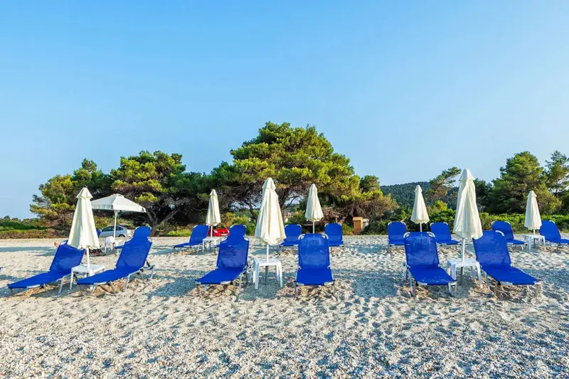 Transats bleus alignés sur une plage de sable clair sous des parasols blancs.