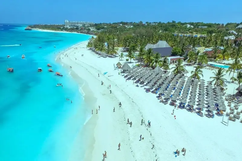 Plage de sable blanc bordée d'une mer turquoise et de palmiers.