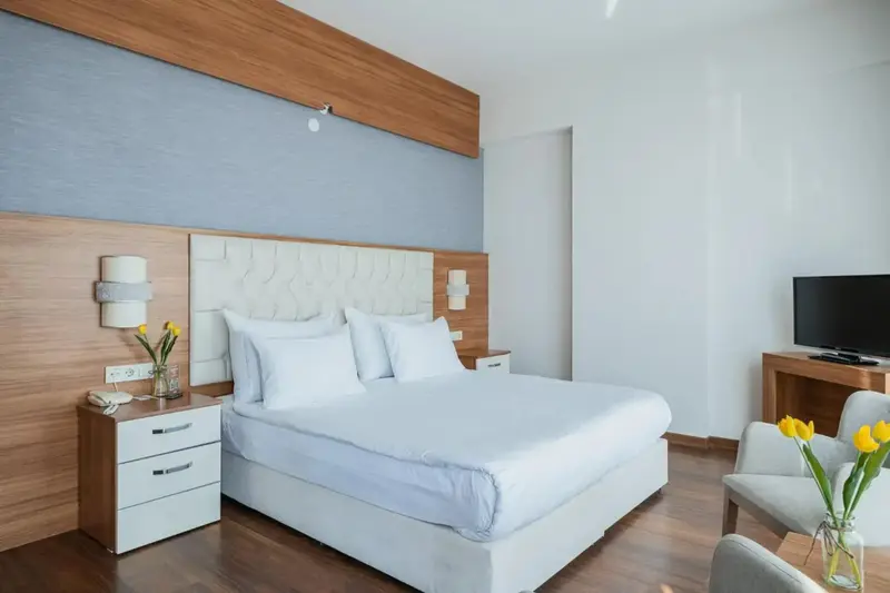 Une chambre lumineuse avec un grand lit et une télévision.