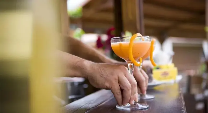 Deux cocktails orangés sont servis sur un comptoir en bois.