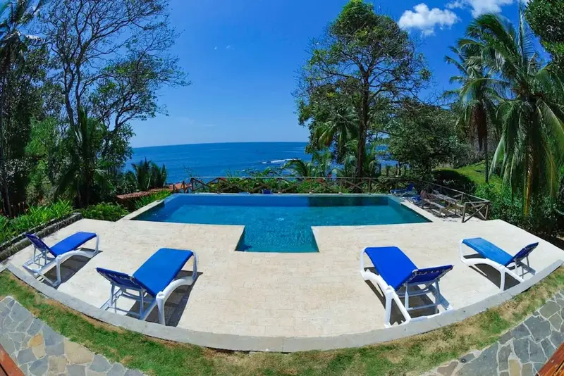 Une piscine rectangulaire avec des chaises longues bleues, entourée d'une végétation luxuriante et surplombant la mer.