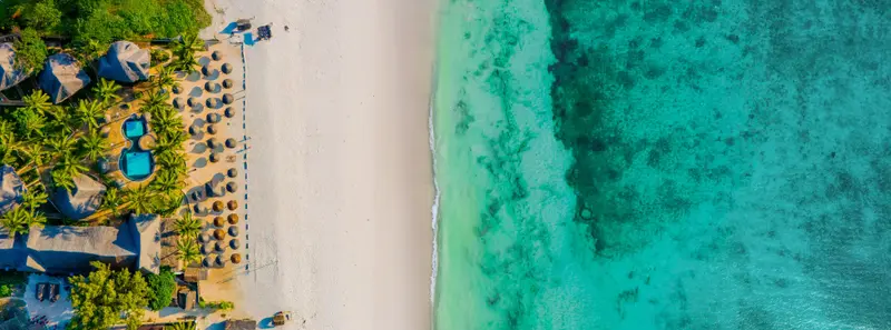 Vue aérienne d'une plage de sable blanc bordée de palmiers et d'une eau turquoise.