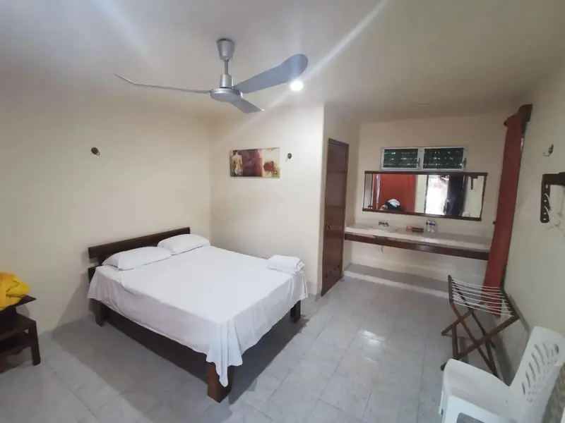 Une chambre lumineuse avec un lit double et un ventilateur au plafond.