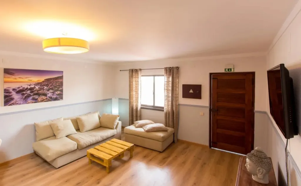 Espace de détente intérieur avec canapés et télévision.