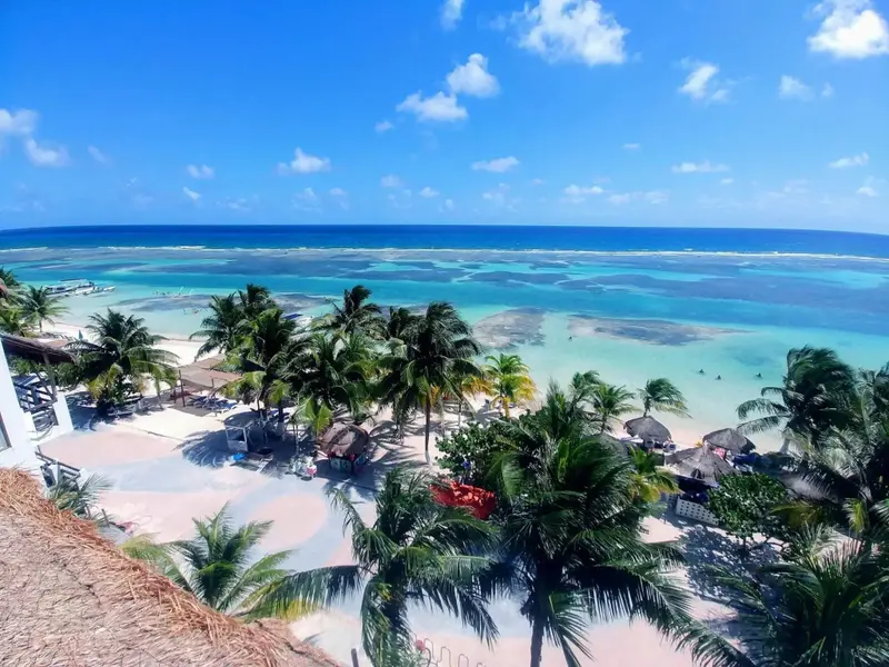 Vue aérienne d'une plage de sable blanc bordée de palmiers et d'une mer turquoise.