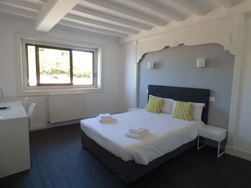 Une chambre lumineuse avec un grand lit et une fenêtre ouverte sur la verdure.