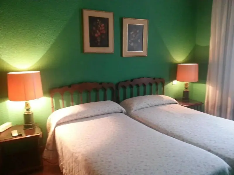 Deux lits simples dans une chambre aux murs verts et aux lampes de chevet.