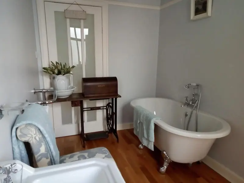 Une baignoire sur pieds est placée dans une salle de bain lumineuse.