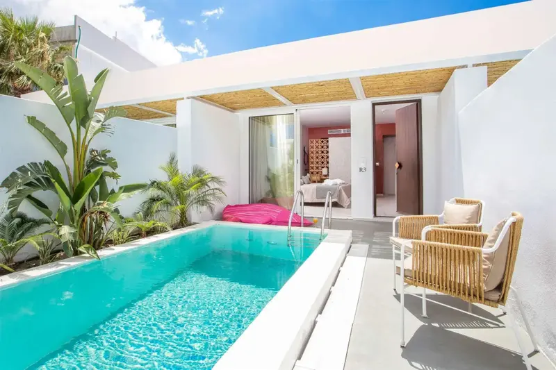 Une petite piscine rectangulaire est entourée d'une terrasse avec des chaises longues et des plantes.