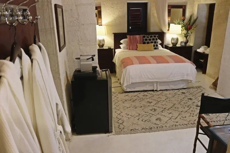 Une chambre lumineuse avec un grand lit et un tapis décoratif.