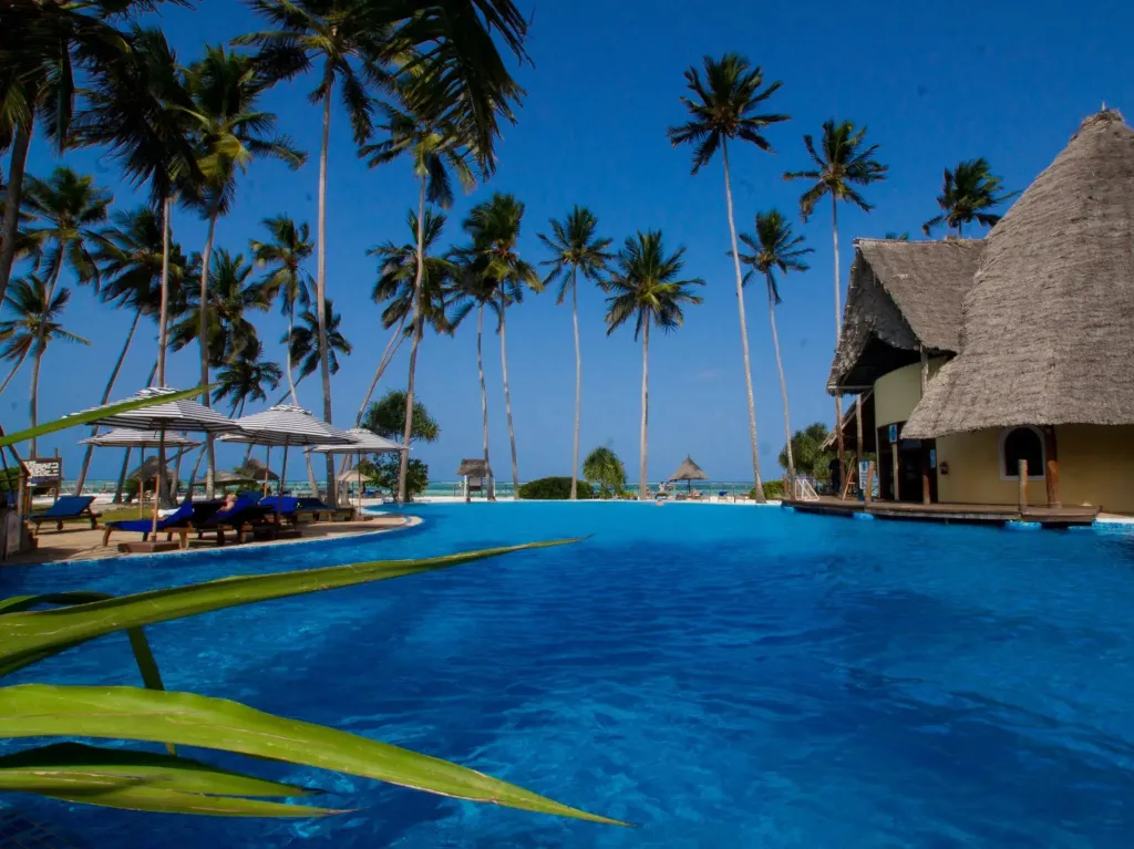 Une piscine à débordement offre une vue sur la mer et les palmiers.