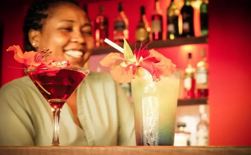 Une personne souriante prépare des cocktails colorés au comptoir d'un bar.