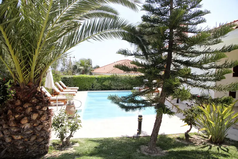 Transats alignés au bord d'une piscine ensoleillée, entourée de végétation luxuriante.