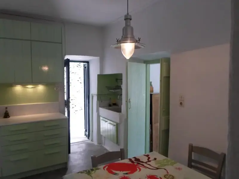 Une cuisine lumineuse s'ouvre sur un espace extérieur.