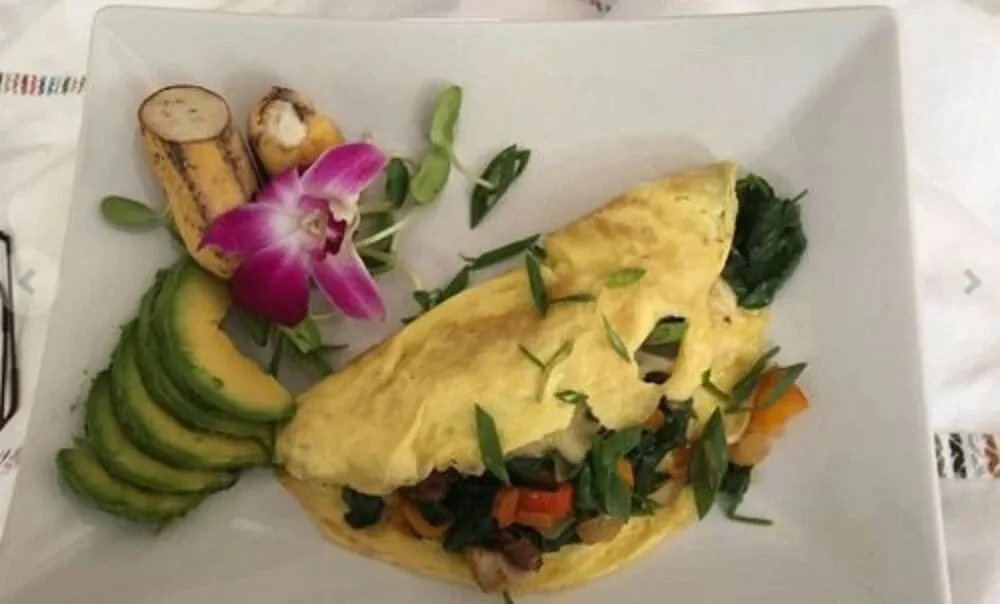 Assiette d'omelette garnie d'épinards, d'avocat et de légumes.