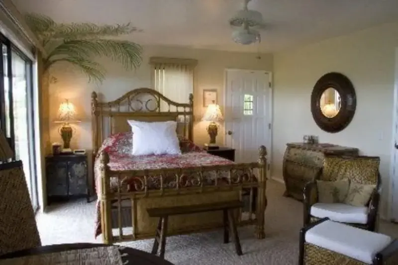 Une chambre lumineuse avec un grand lit à baldaquin et un décor tropical.
