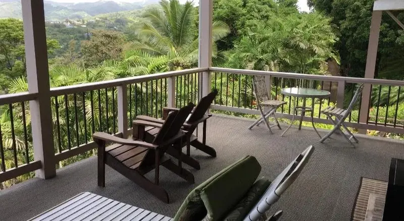 Terrasse aménagée avec mobilier de jardin offrant une vue sur la végétation luxuriante et les collines.