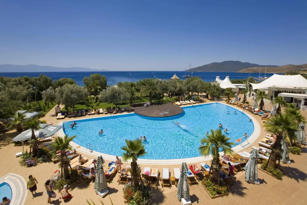 Une piscine turquoise bordée de transats et de palmiers, avec vue sur la mer.