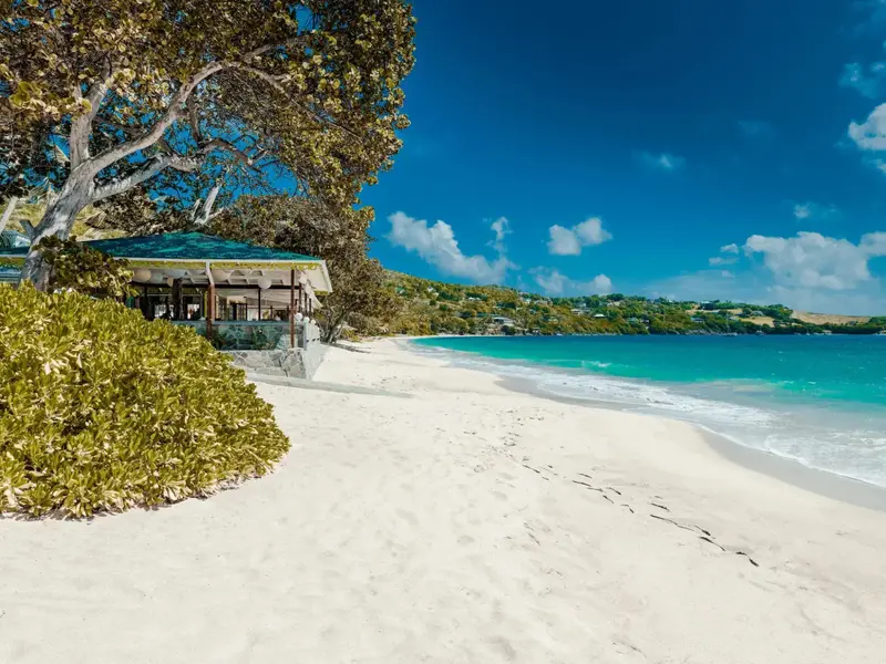 Une plage de sable blanc bordée d'une eau turquoise et d'une végétation luxuriante.