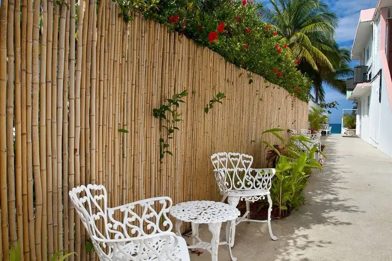 Mobilier blanc en fer forgé devant une clôture en bambou fleurie.