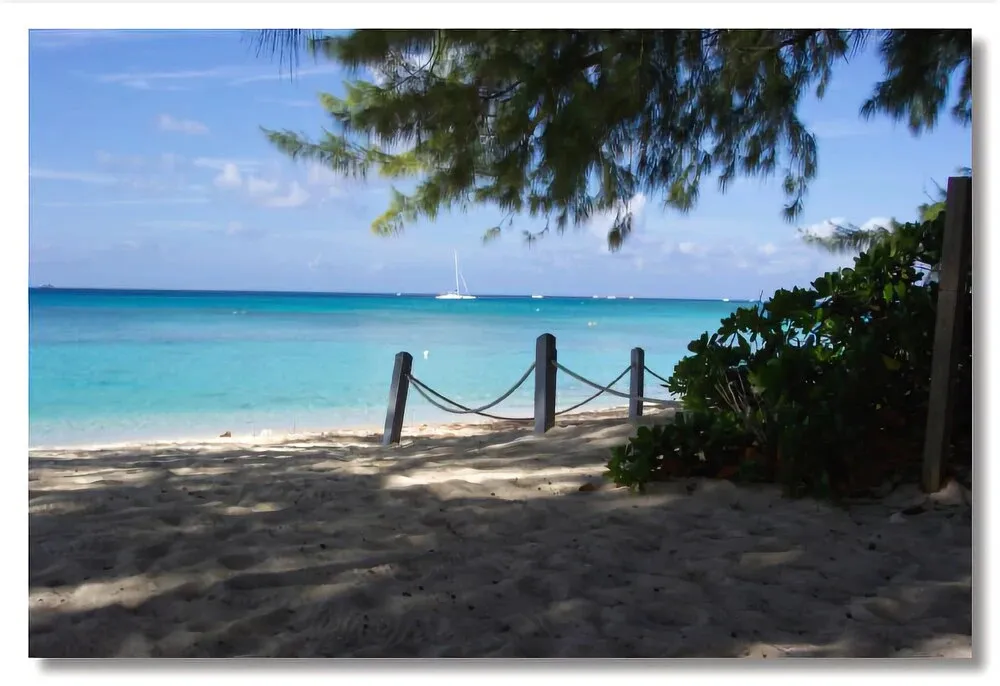 Une plage de sable blanc bordée d'une eau turquoise et d'une végétation luxuriante.