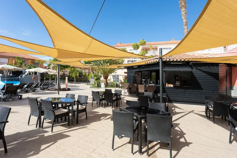 Terrasse ombragée avec tables et chaises près d'un bar extérieur.