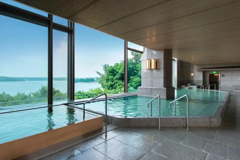Une piscine intérieure offre une vue dégagée sur la mer et la végétation environnante.