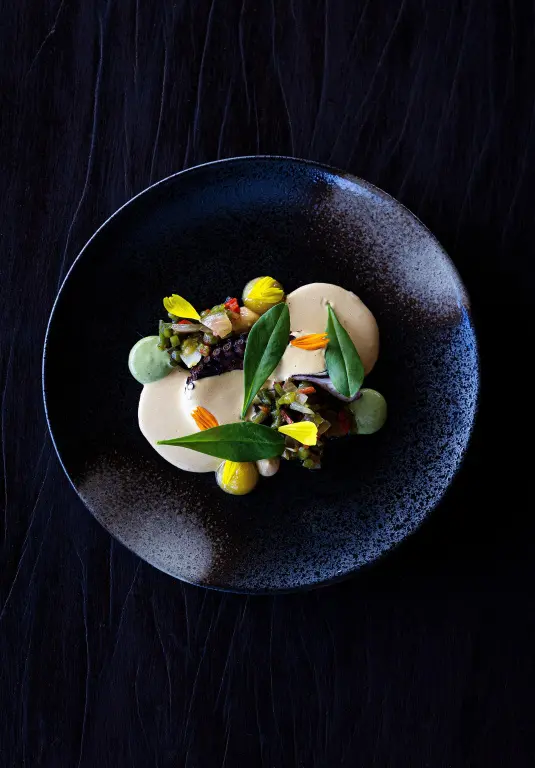 Assiette raffinée avec une sauce crémeuse, des légumes et des fleurs comestibles.