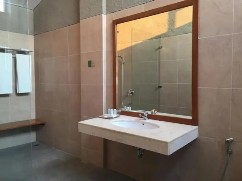 Une salle de bain claire avec un grand miroir au-dessus du lavabo.