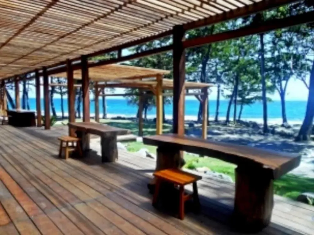 Terrasse en bois avec tables et bancs face à la mer.