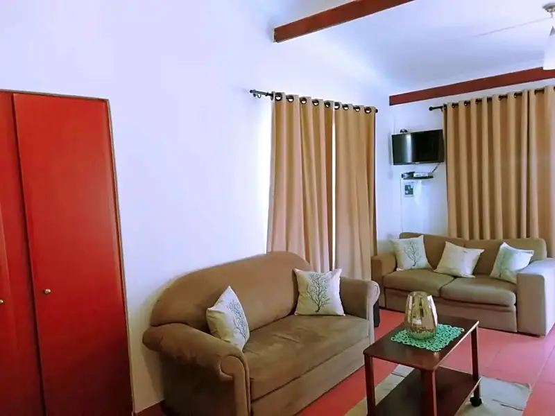 Espace de détente avec canapés et télévision.