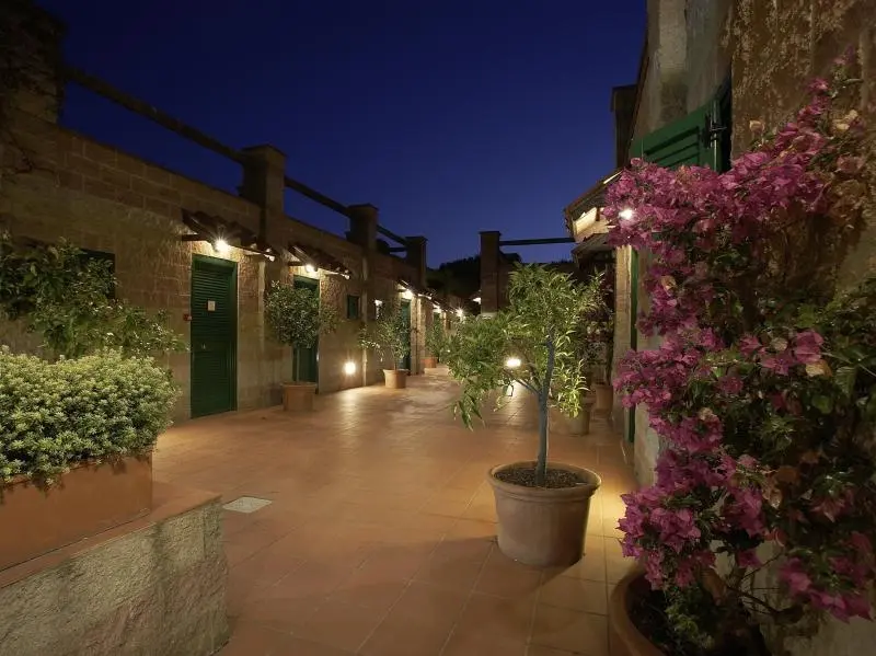 Allée illuminée bordée de pots de fleurs et de logements aux portes vertes.
