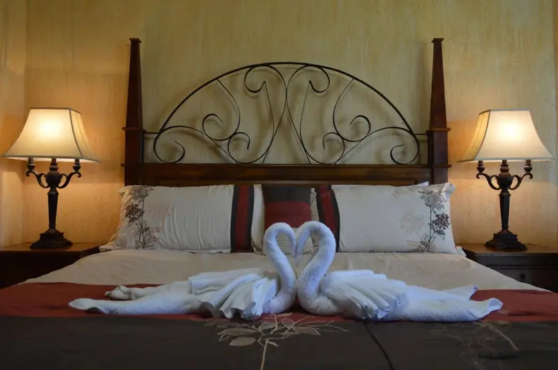 Un lit double est orné de serviettes pliées en forme de cygnes.