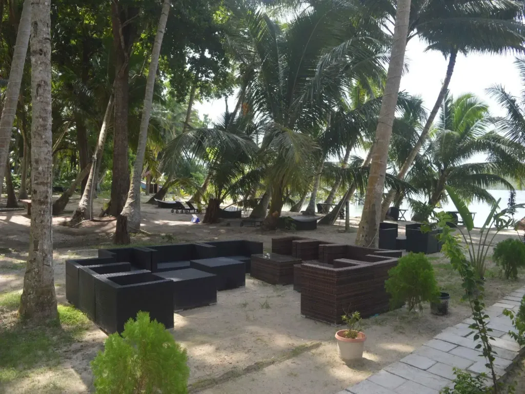 Mobilier de salon d'extérieur sur une plage de sable clair bordée de palmiers.