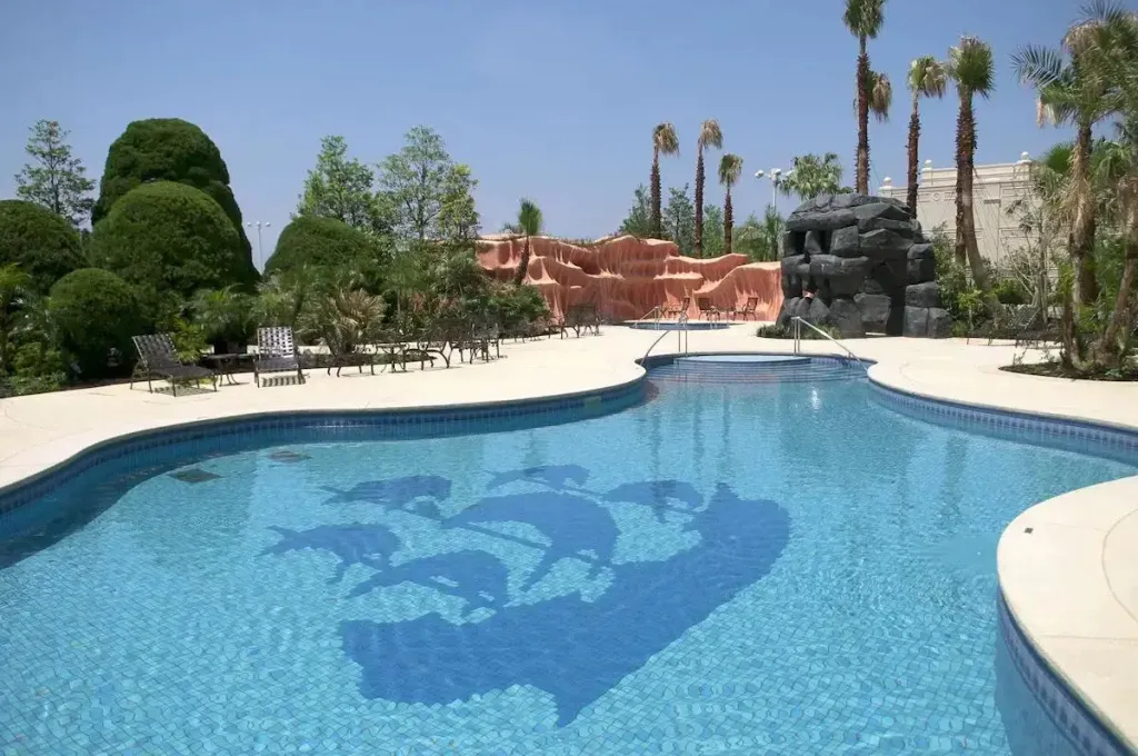 Une piscine avec un décor de dauphins au fond, entourée d'une terrasse et de végétation.