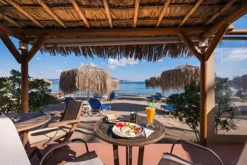 Une table est dressée avec des plats et une boisson sur une terrasse ombragée face à la mer.