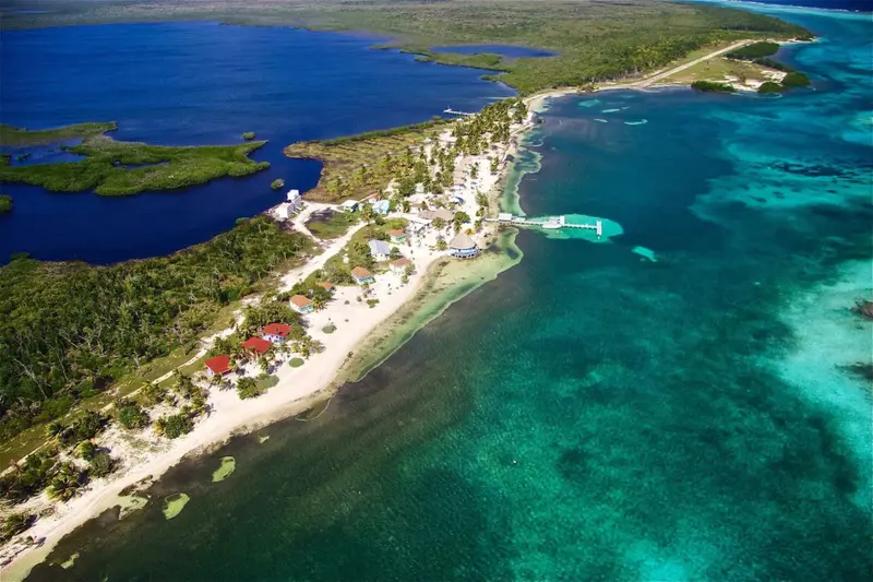 Vue aérienne d'une côte bordée de bâtiments et de végétation luxuriante.