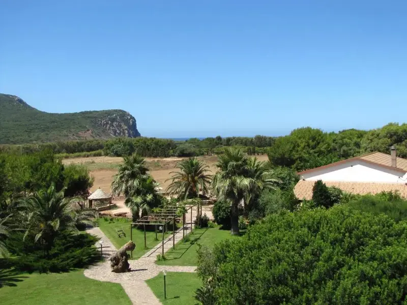 Vue d'ensemble d'un jardin verdoyant avec des bâtiments en arrière-plan et des collines au loin.