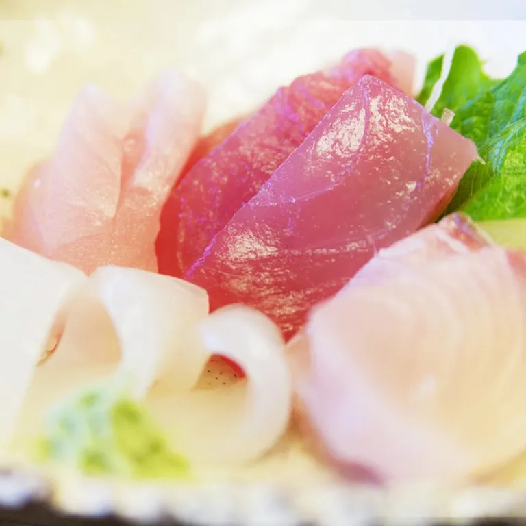 Assortiment de fines tranches de poisson cru sur un plat blanc.